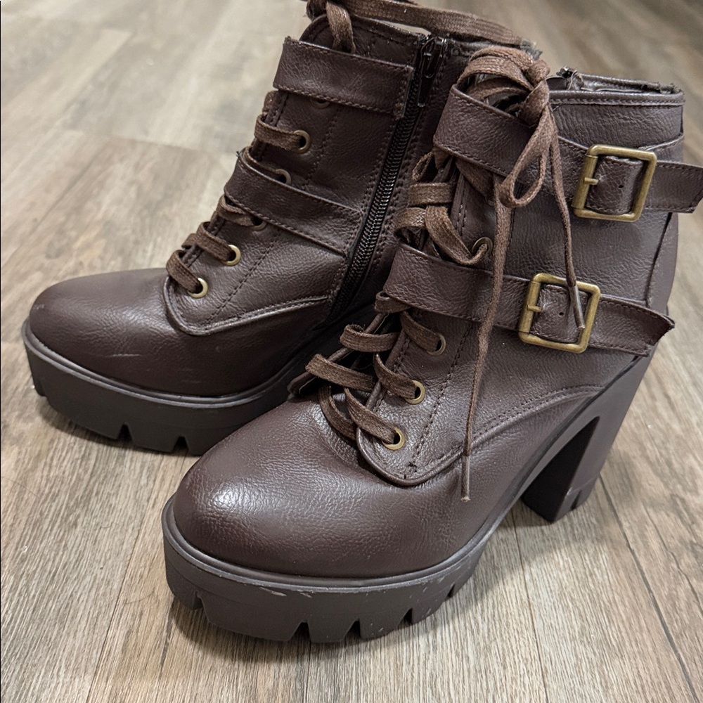 BAMBOO Dark Brown Lace-Up Combat Boots with Buckle Strap